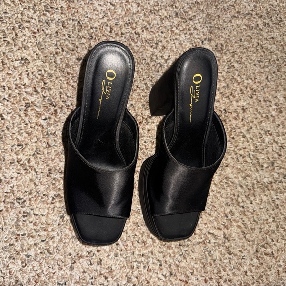 Platform Chunky Satin Black Mules Heels 9 - Picture 4 of 9